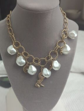 Gold-Tone Pearl Charm Necklace with Figurine Pendant